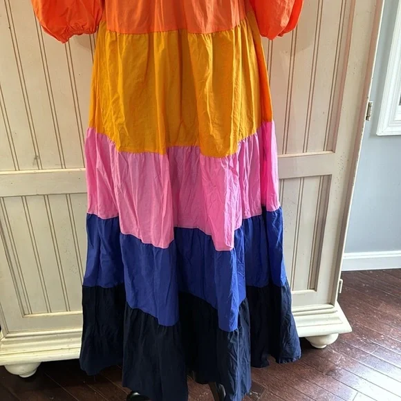 Farm Rio Anthropologie Puff Sleeve Ruffled Tier Color block Maxi Dress - Picture 6 of 15